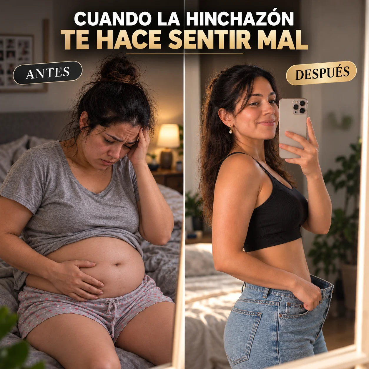 Antes, incomodidad por la hinchazón; después, sonrisa frente al espejo