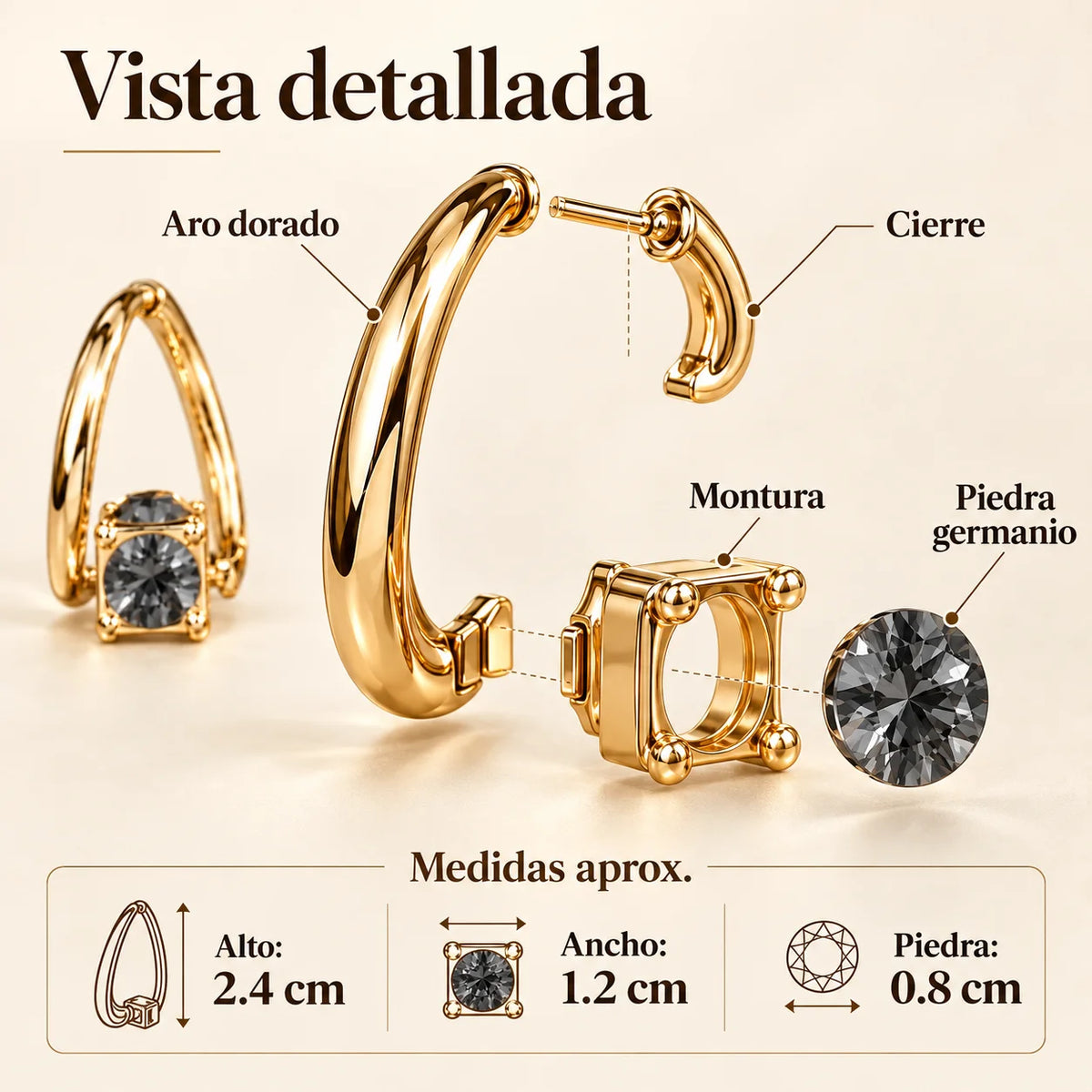 Vista detallada del arete: aro dorado, cierre, montura y piedra de germanio, con medidas
