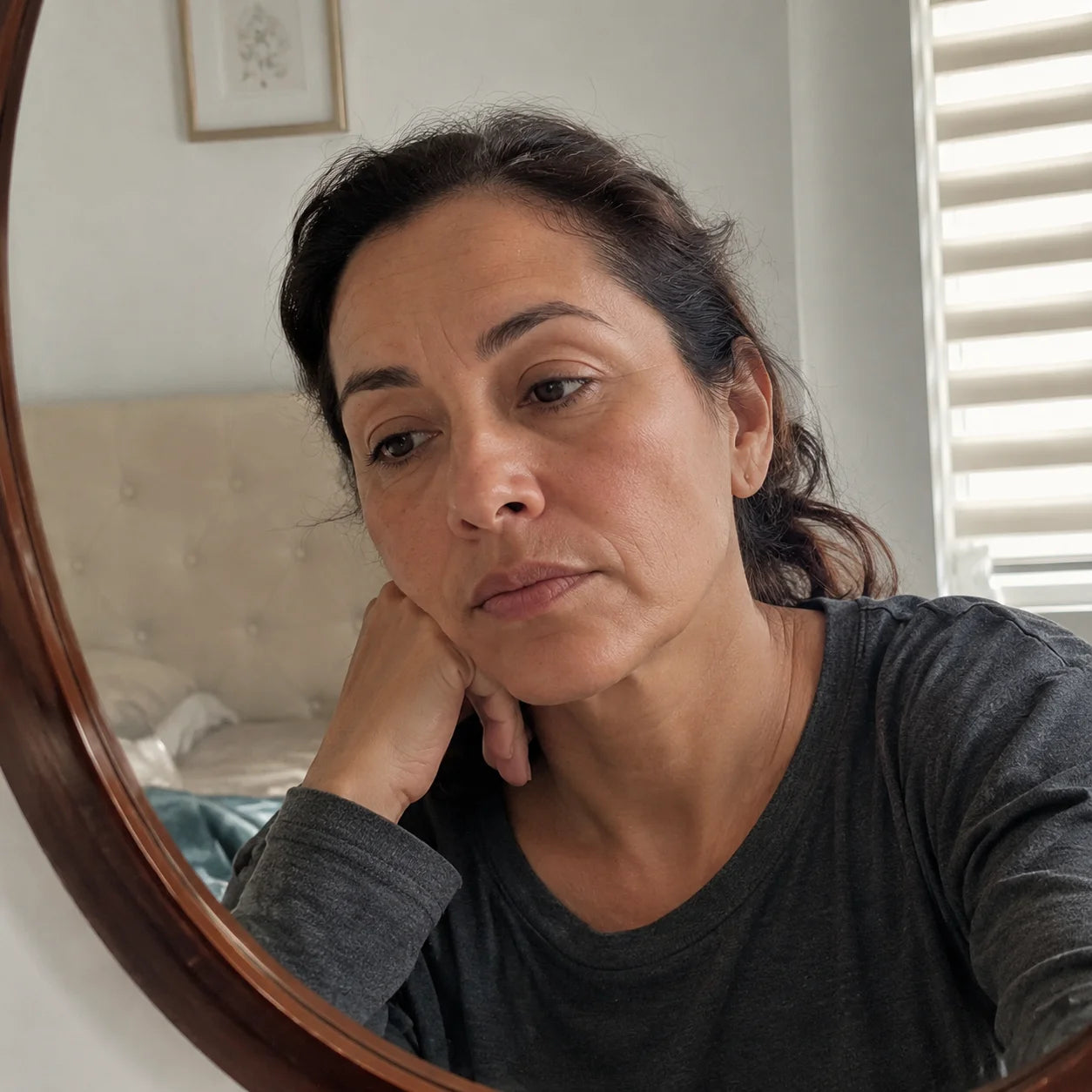 Antes: mujer seria y cansada frente al espejo